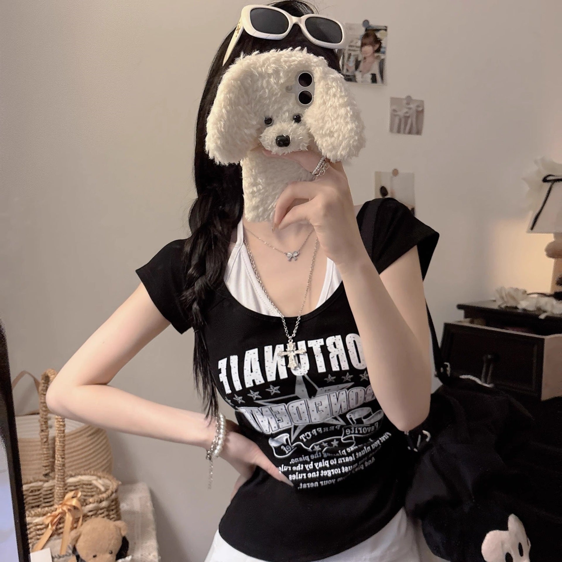 Slim‑Fit Contrast Color Short Sleeve T‑Shirt – 3D Print, Japandi Style