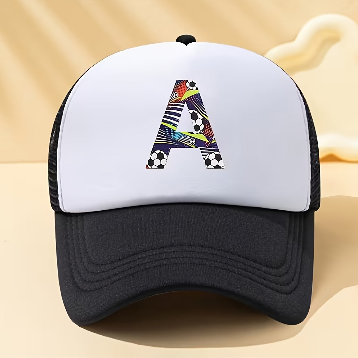Kids Soccer-Themed Mesh Trucker Cap with A‑Z Letter Print