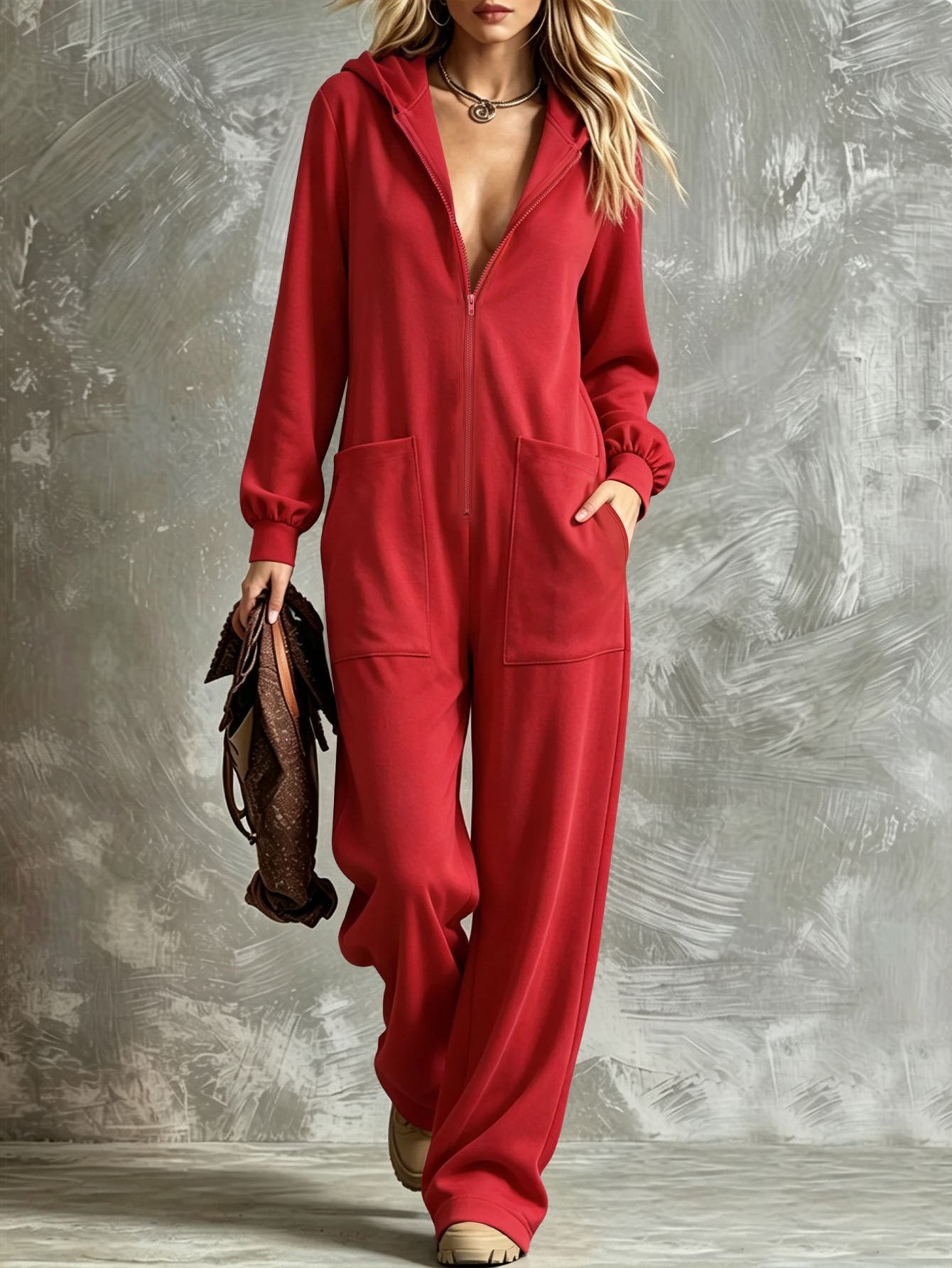 Women's Casual Hooded Full-Zip Wide-Leg Jumpsuit