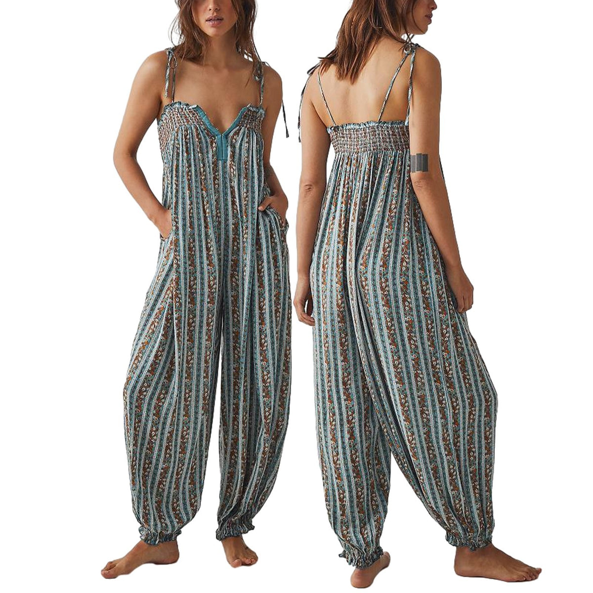 Womens Printed Loose-Fit Figure-Flattering Jumpsuit