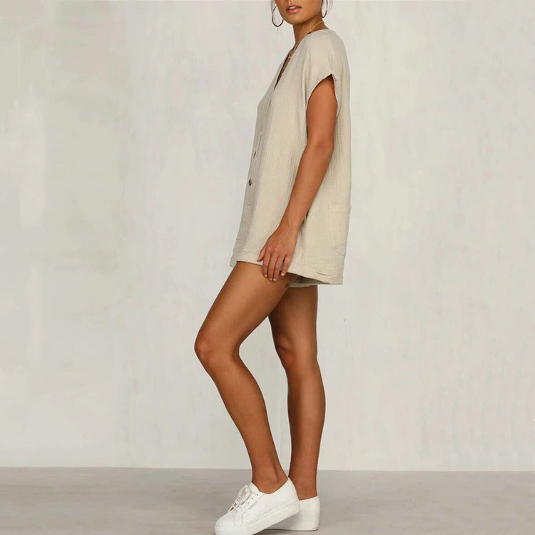 Chic V-Neck Button Short Sleeve Romper