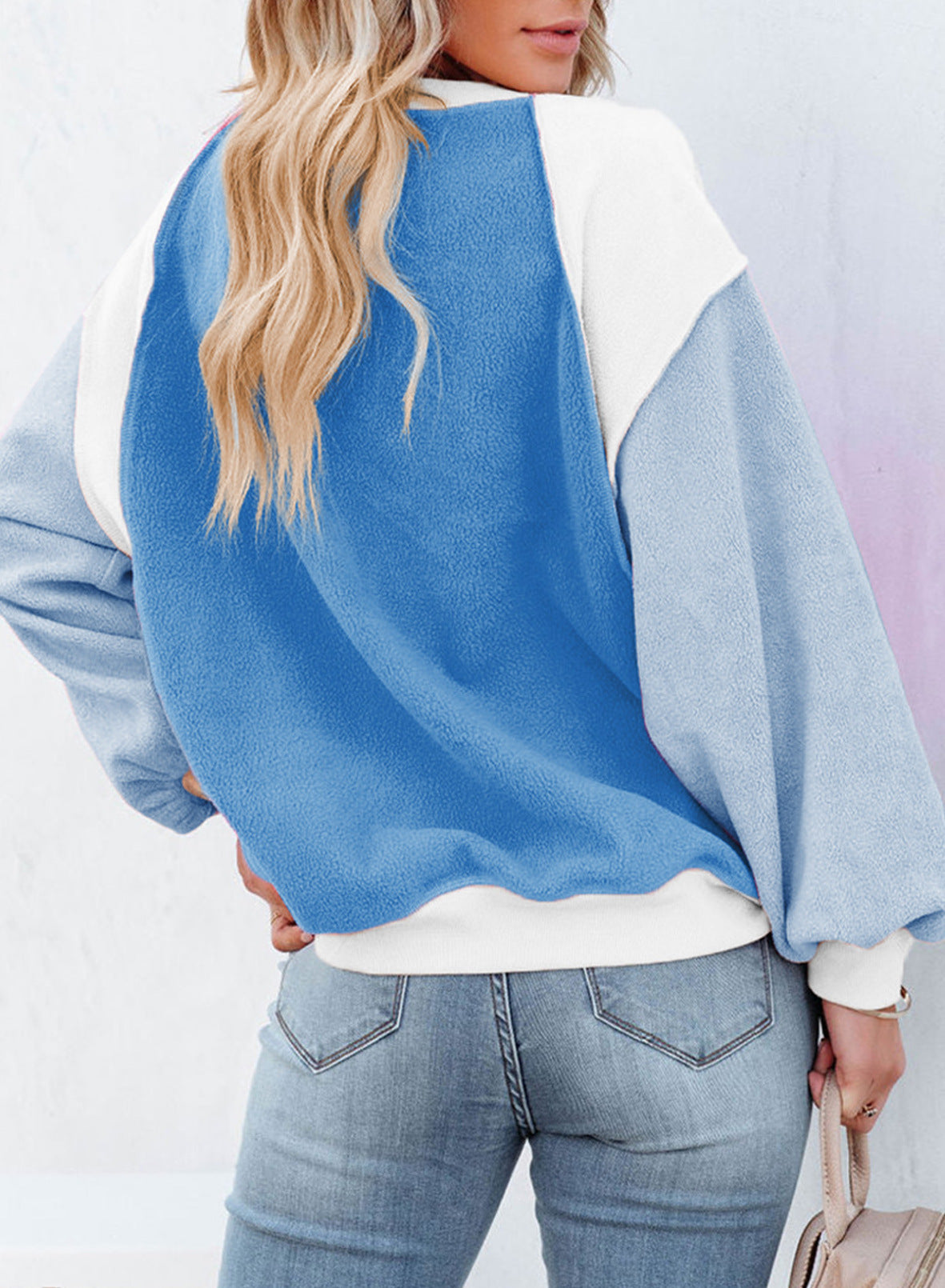 Cozy Colorblock Fleece Lantern Sleeve Pullover Top