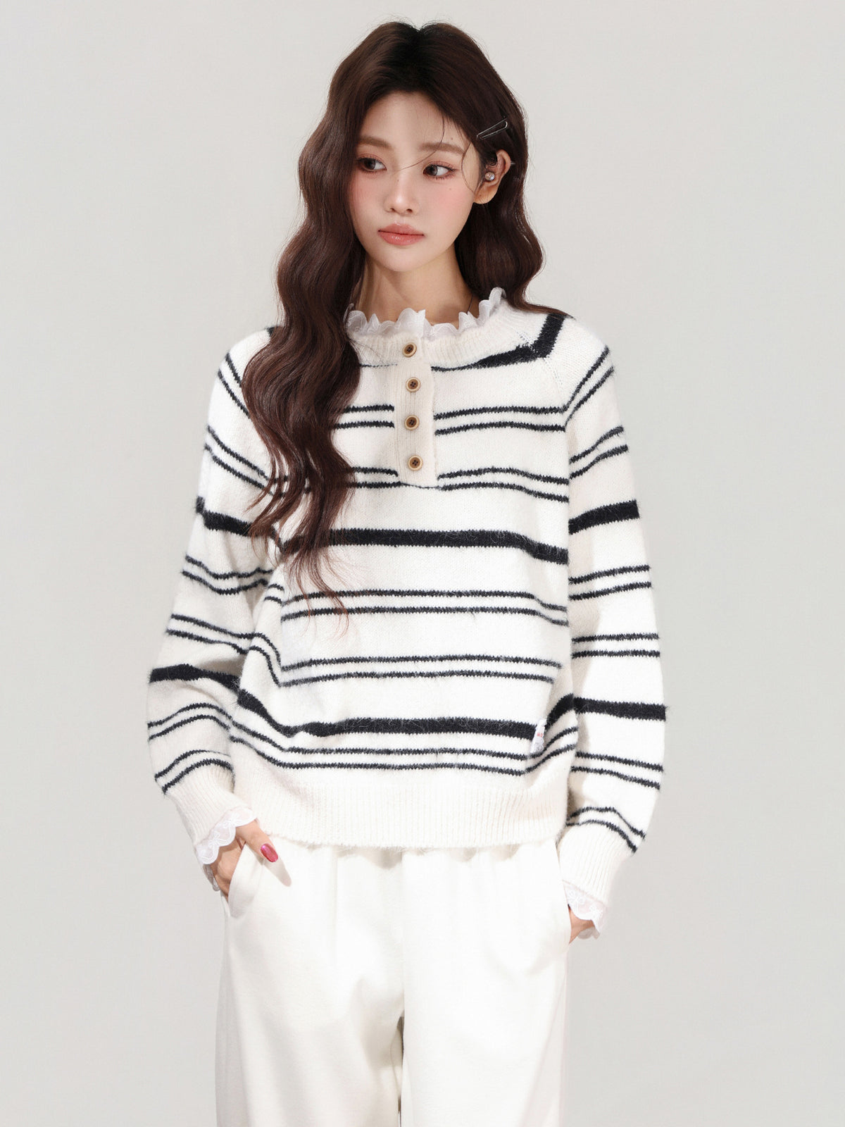 Autumn and Winter Lace Ruffle Color Block Stripe Thickened Knit Sweater