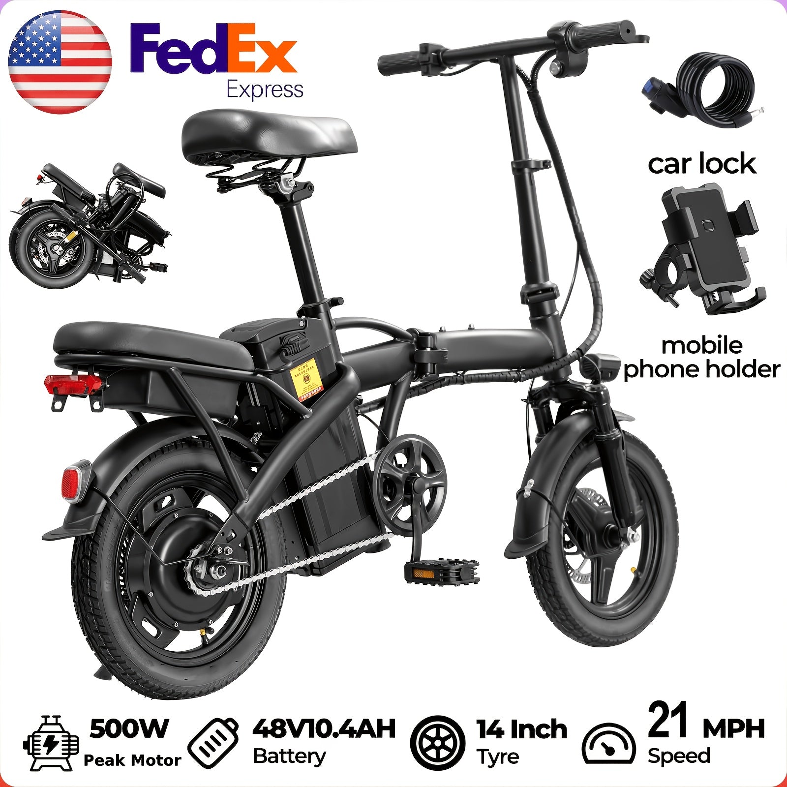 14-Inch Foldable Electric Bike with 500W Motor