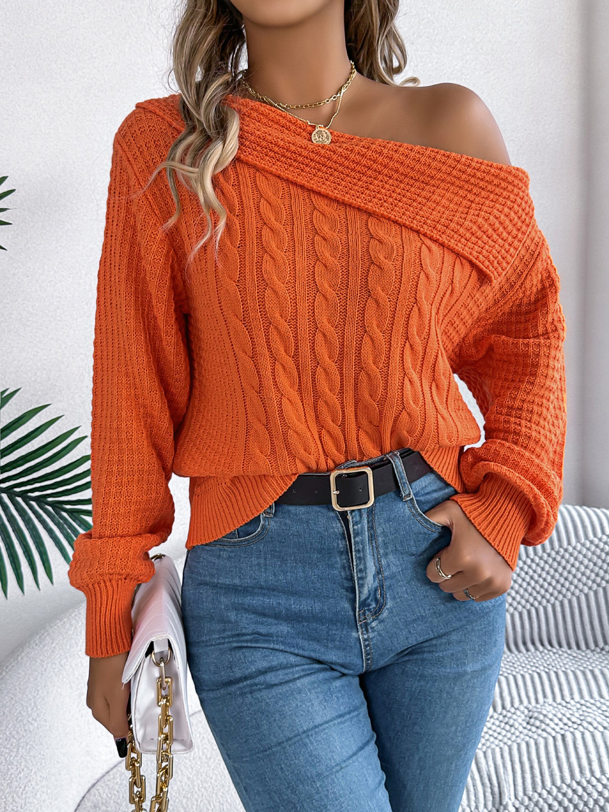 Women Casual Sexy Lapel Off-shoulder Cable Knit Long Sleeve Pullover Sweater