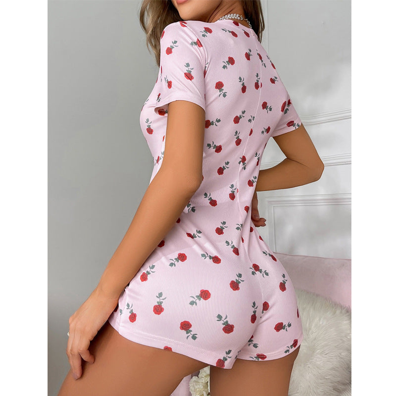 Chic Rose Print Slimming One-Piece Romper