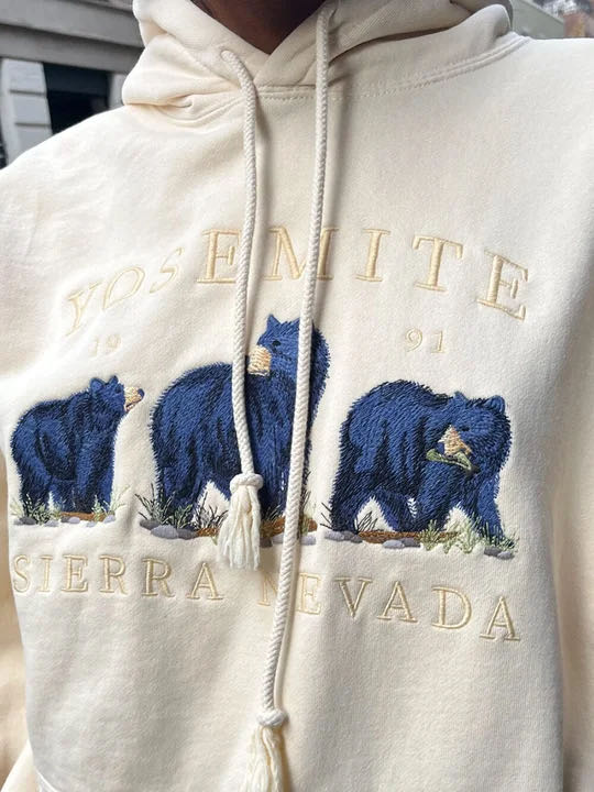 Cozy Bear Embroidered Beige Velvet Hoodie