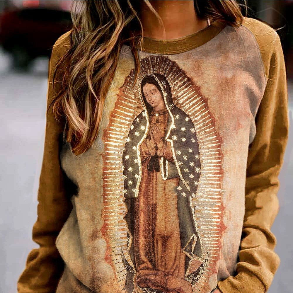 Women's Khaki Virgin Mary Graphic Print Long-Sleeve Sweater