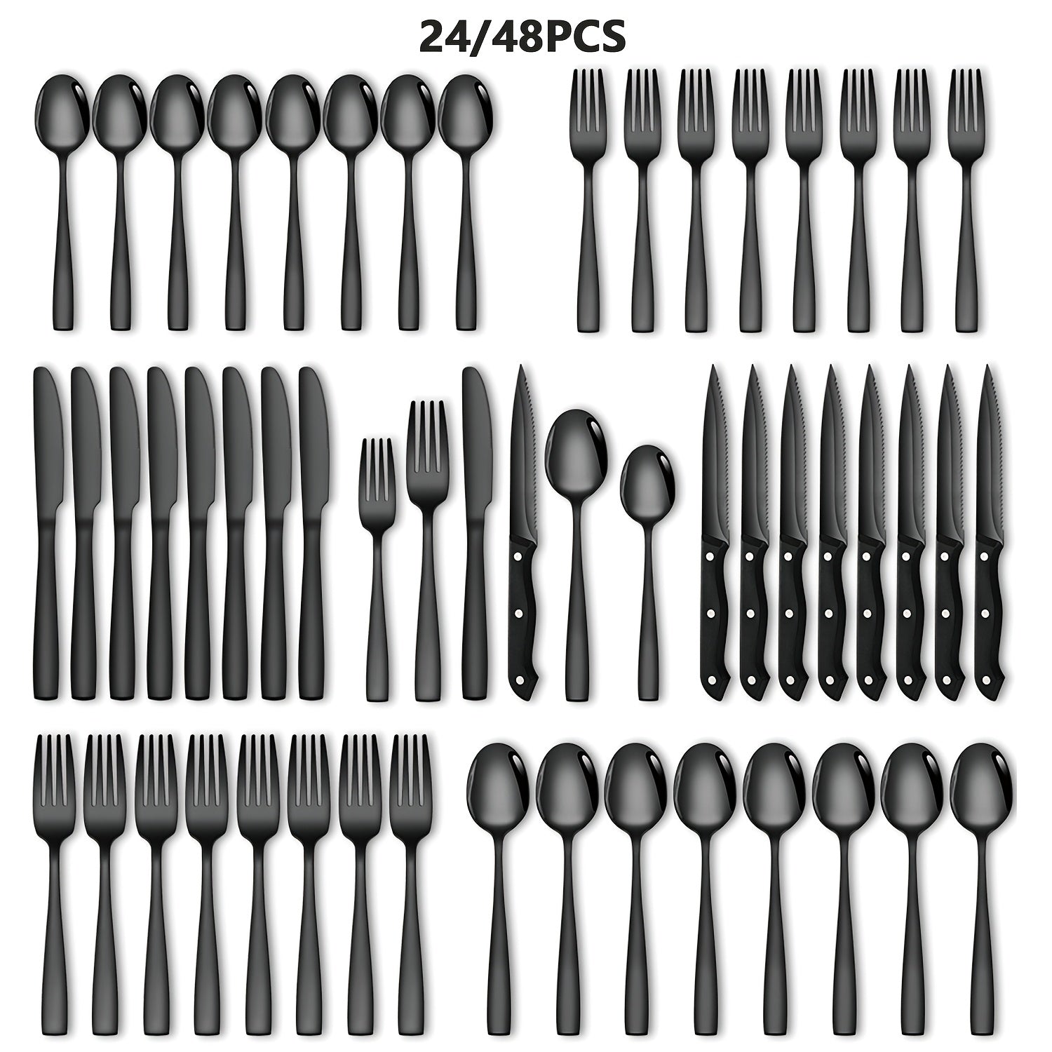 24/48PCS Black Stainless Steel Flatware Set, Mirror Polish Families Hotels Knives Forks Spoons Cutlery Set With Gift Box For 8 Persons, Durable, Mirror Polished, Dishwasher Safe, Perfect For Hallow...