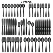 24/48PCS Black Stainless Steel Flatware Set, Mirror Polish Families Hotels Knives Forks Spoons Cutlery Set With Gift Box For 8 Persons, Durable, Mirror Polished, Dishwasher Safe, Perfect For Hallow...