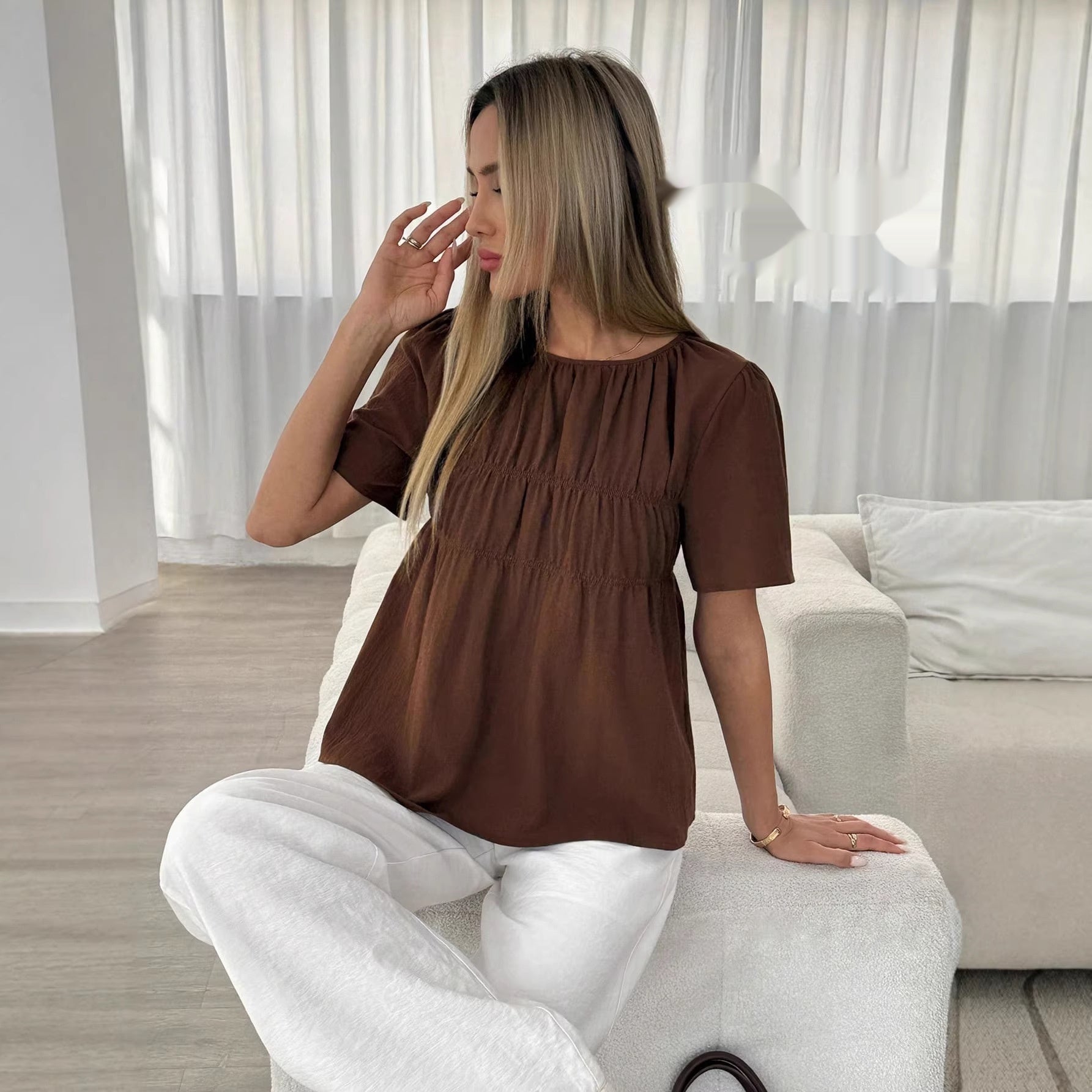 Crew-neck Ruffled Flutter-sleeve Fashionable Youthful Top