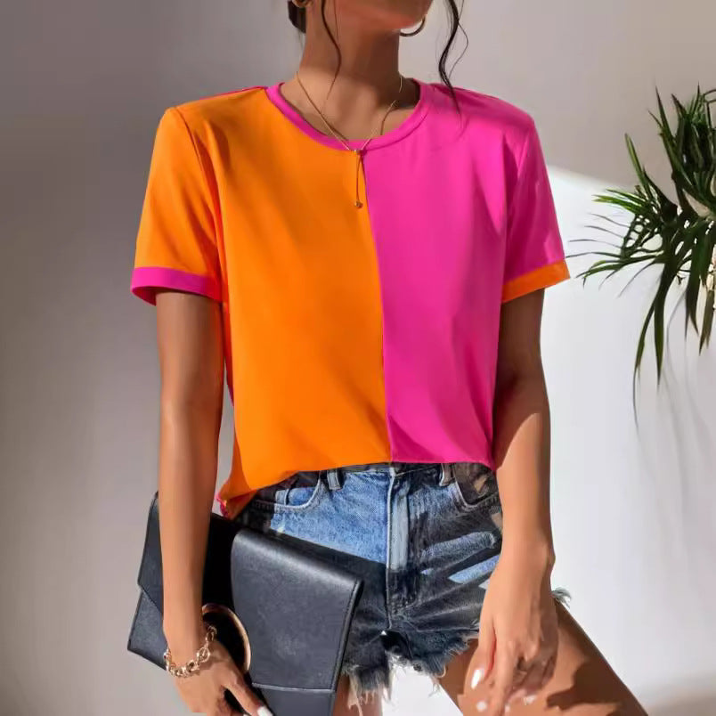 Casual Colorblock Short Sleeve Round Neck Tee