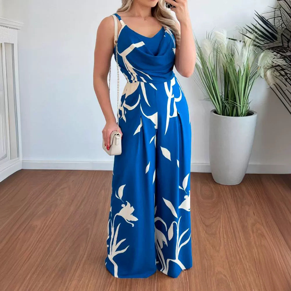 Chic Printed Wide-Leg Jumpsuit with Suspender Waist