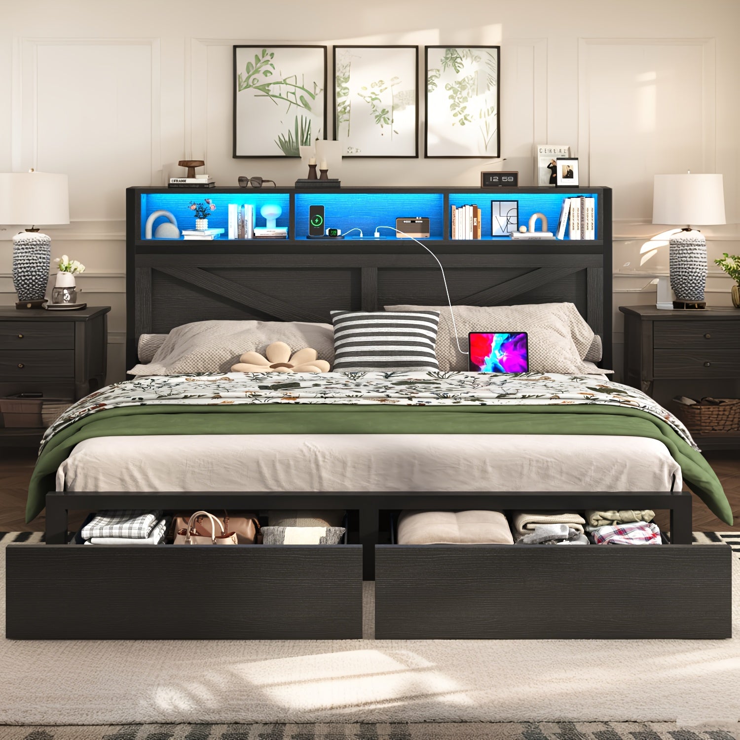 Farmhouse Storage Bed Frame with Headboard Drawers, Built‑in LED Light and USB Charging Outlet
