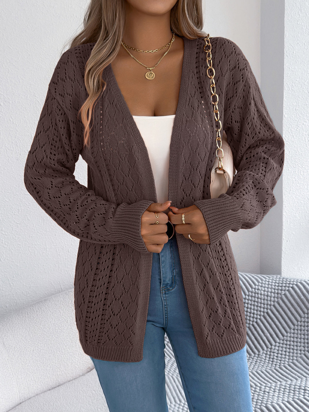 Women Hollow Out Lantern Sleeve Long Sleeve Cardigan Sweater Coat