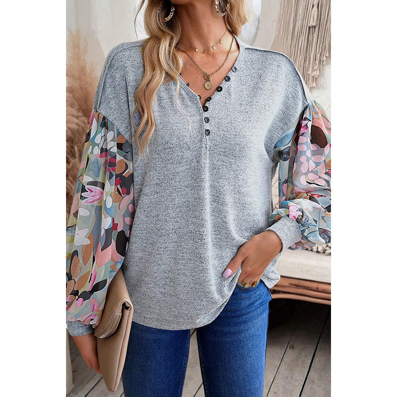 Floral Lantern Sleeve Casual Pullover Sweatshirt