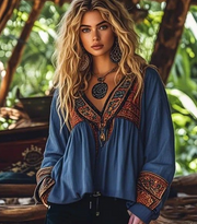 Ethnic Style Embroidered V-neck Loose Long-sleeve Shirt