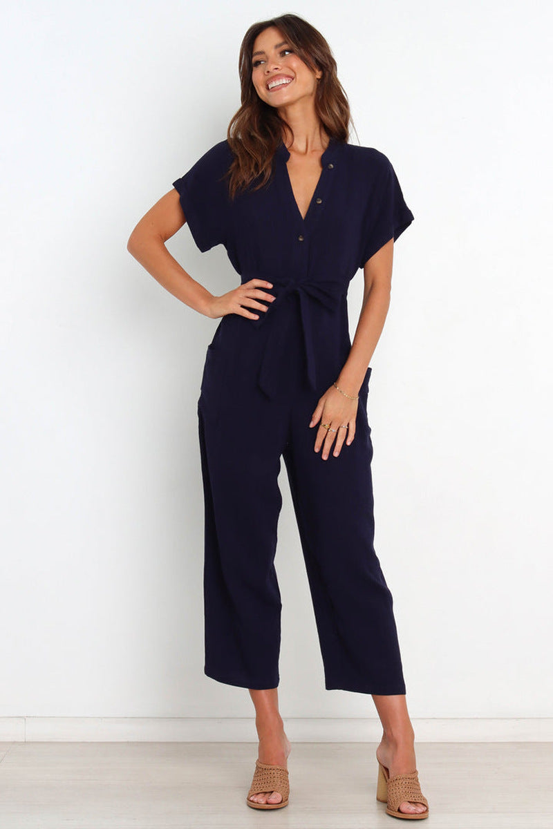 V-Neck Cropped Wide-Leg Jumpsuit for Women