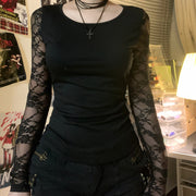 European And American Style Lace Stitching Sexy See-through Backless Short Top Round Neck Slim Fit Versatile Slimming