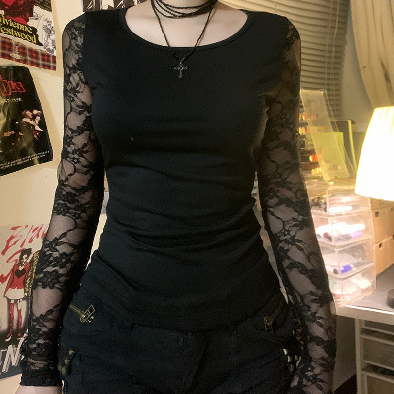 European And American Style Lace Stitching Sexy See-through Backless Short Top Round Neck Slim Fit Versatile Slimming