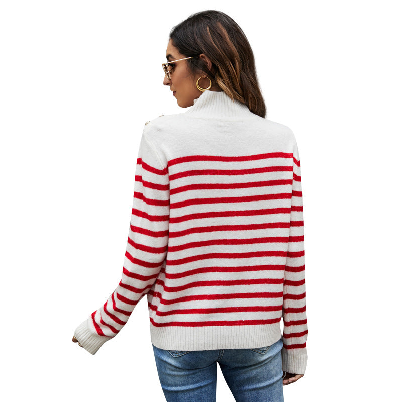 Women's Striped Sweater Loose Long Sleeve Stand Collar Sweater