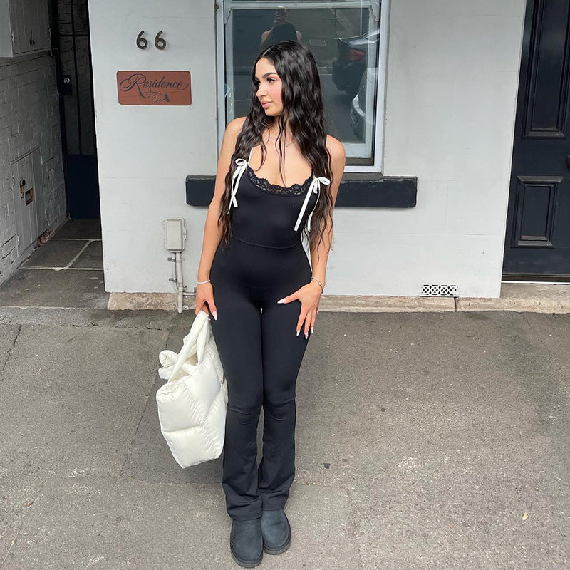 Lace-Trim Bow Jumpsuit Casual Flared Romper
