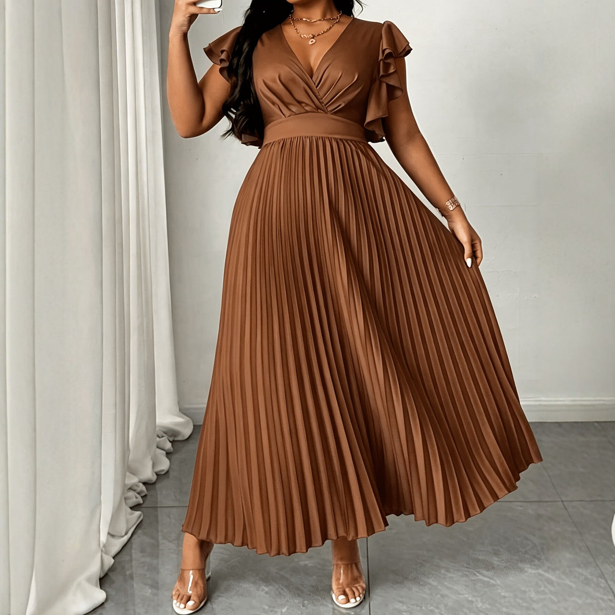 Plus-Size Elegant V-Neck Ruffle Midi Dress for Summer