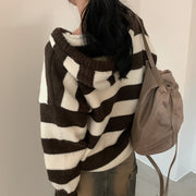 Contrast Color and Versatile Long Sleeve Hooded Striped Sweater Pullover
