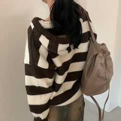 Contrast Color and Versatile Long Sleeve Hooded Striped Sweater Pullover