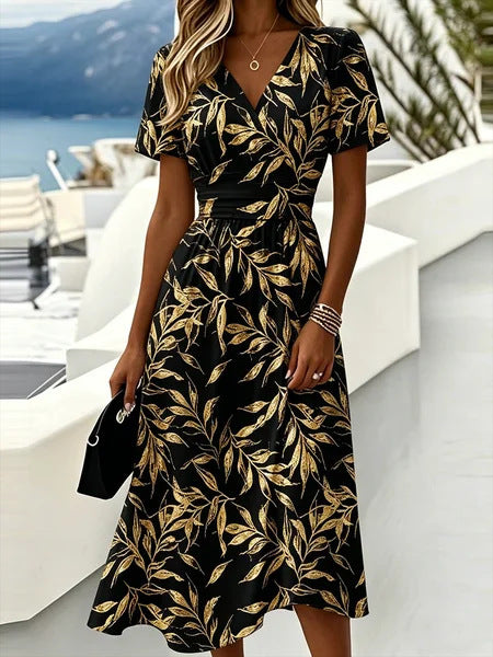 New Floral 3d Digital-print V-neck Short-sleeve Dress