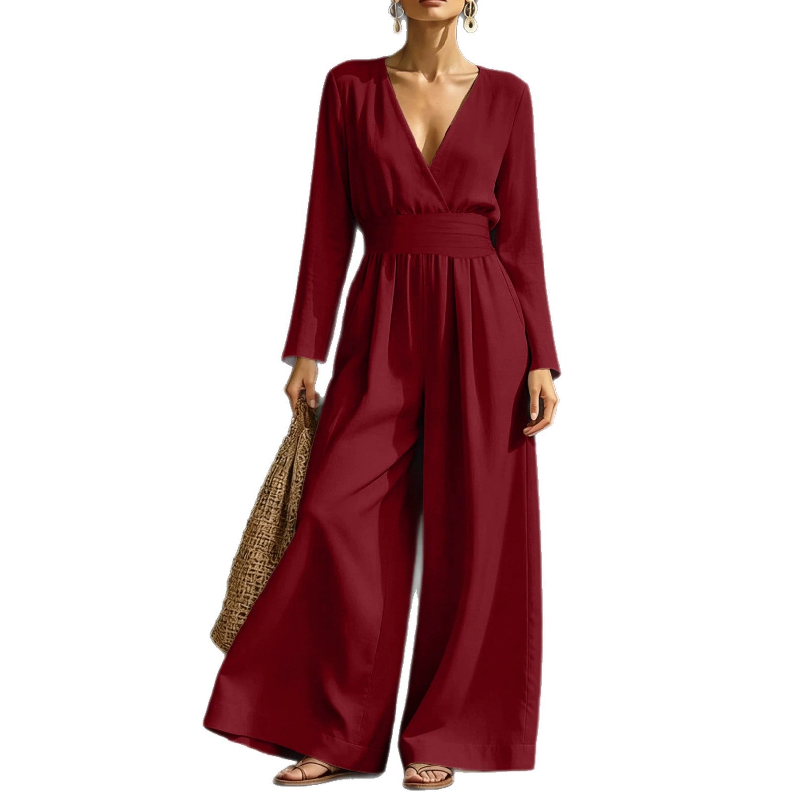 Elegant Long-Sleeve V-Neck Knit Jumpsuit for Women