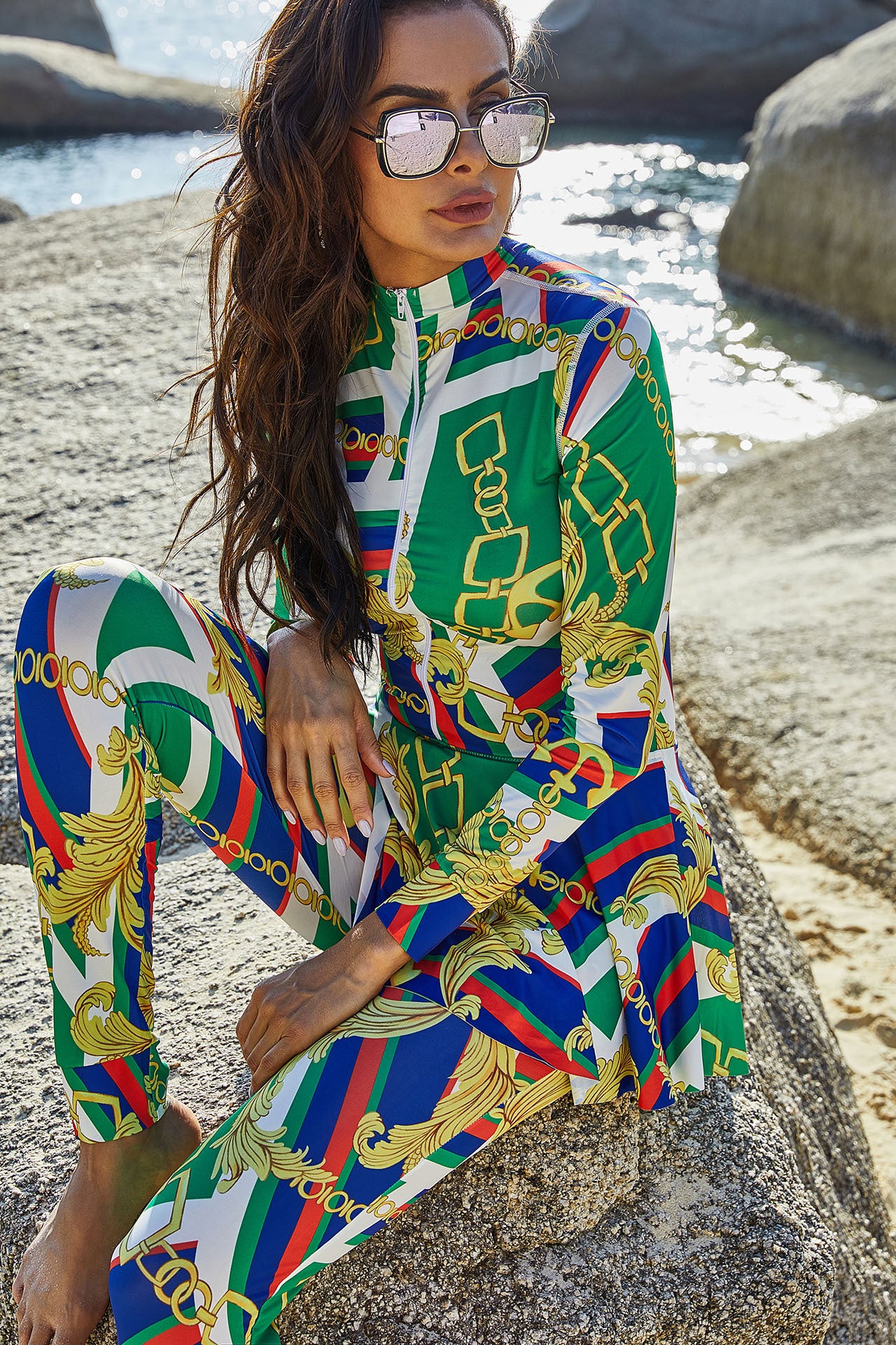 Women's Printed High-Neck Long-Sleeve Sun-Protective Swimsuit