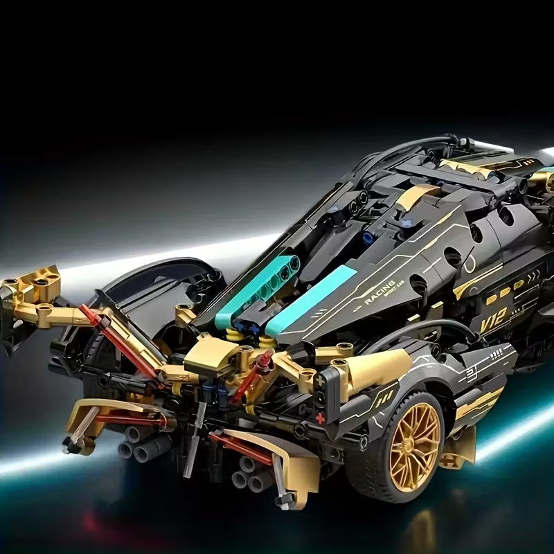 Box Limited Edition Super Sports Car Model Kit - Stylish Black And Golden, Mechanical Assembly, High-Quality ABS Plastic, Stackable Vehicle Set, Suitable for Ages 14 And Up, Building Block Set, Model Building Kit, Car Toy for Boy, Auto
