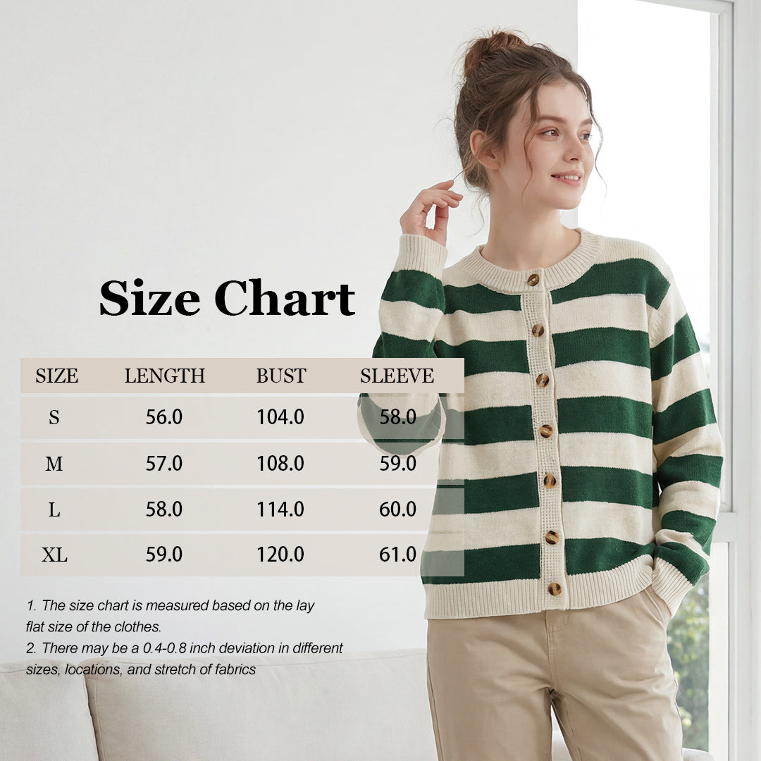 Women's Striped Knit Cardigan Green White Crewneck Button Up Sweater Casual Long Sleeve Knitwear