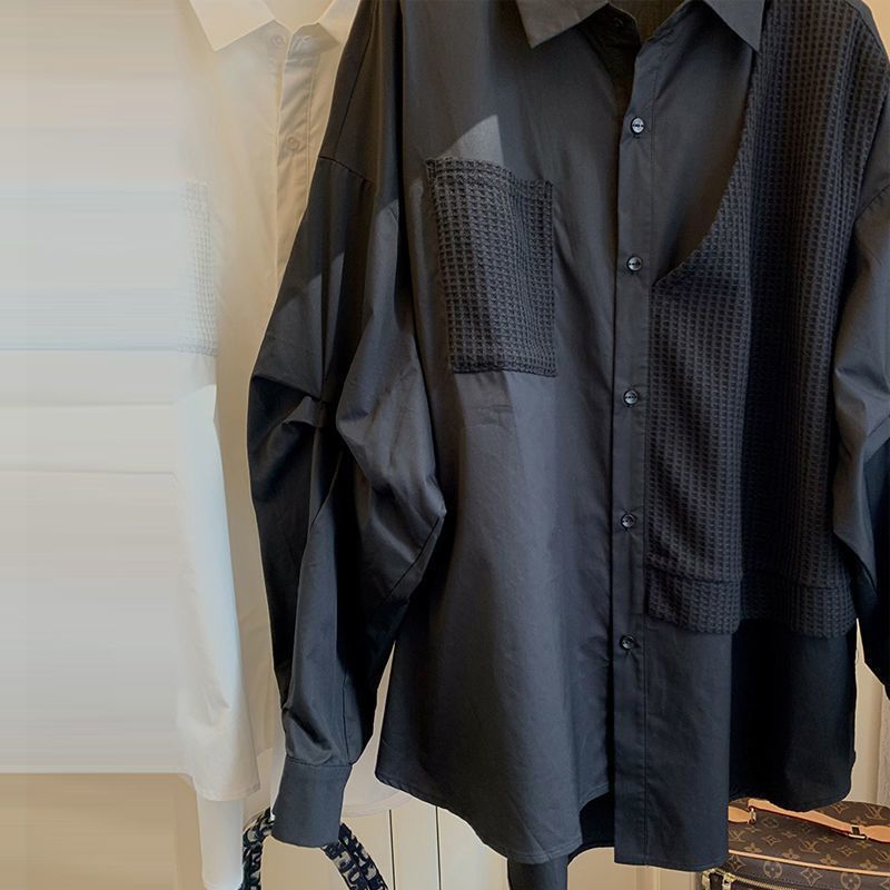 Stitching Waffle Fake Two Pieces Loose Casual Shirt Women