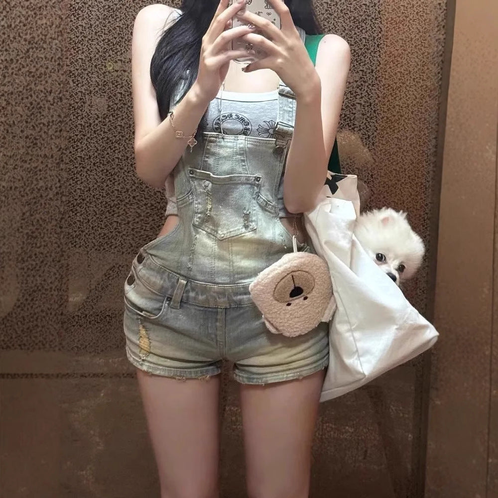 Retro Distressed Washed Ripped Denim Suspender Shorts For Women