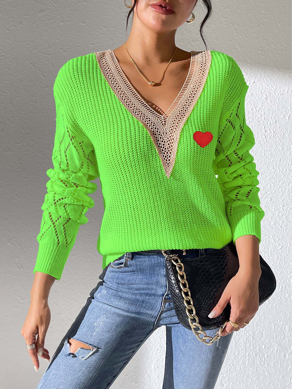Womens Lace-panel V-neck Contrast-color Sweater