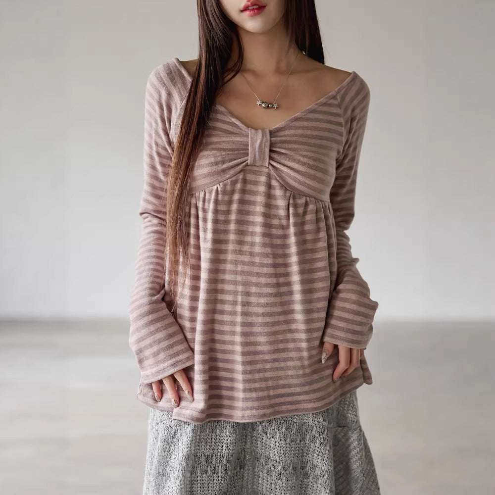Stylish Striped Off‑Shoulder Long‑Sleeve Base Layer Top – Wrinkle‑Resistant