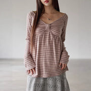 Stylish Striped Off‑Shoulder Long‑Sleeve Base Layer Top – Wrinkle‑Resistant