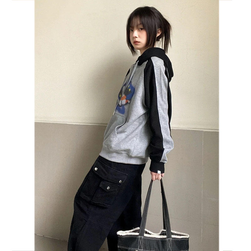 Retro Starry Cat Oversized Hoodie for Women
