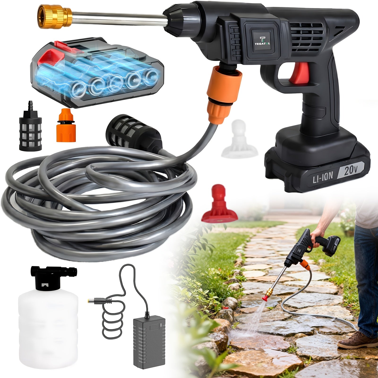 20V Wireless Handheld High‑Pressure Water Gun with Rechargeable Battery, Extended Pipe and Filter Head