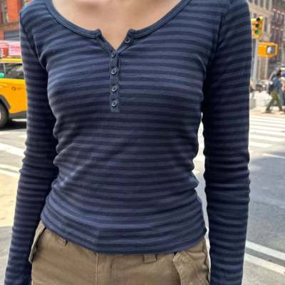 Khaki Striped Long‑Sleeve Crew Top – Cozy, Casual & Versatile