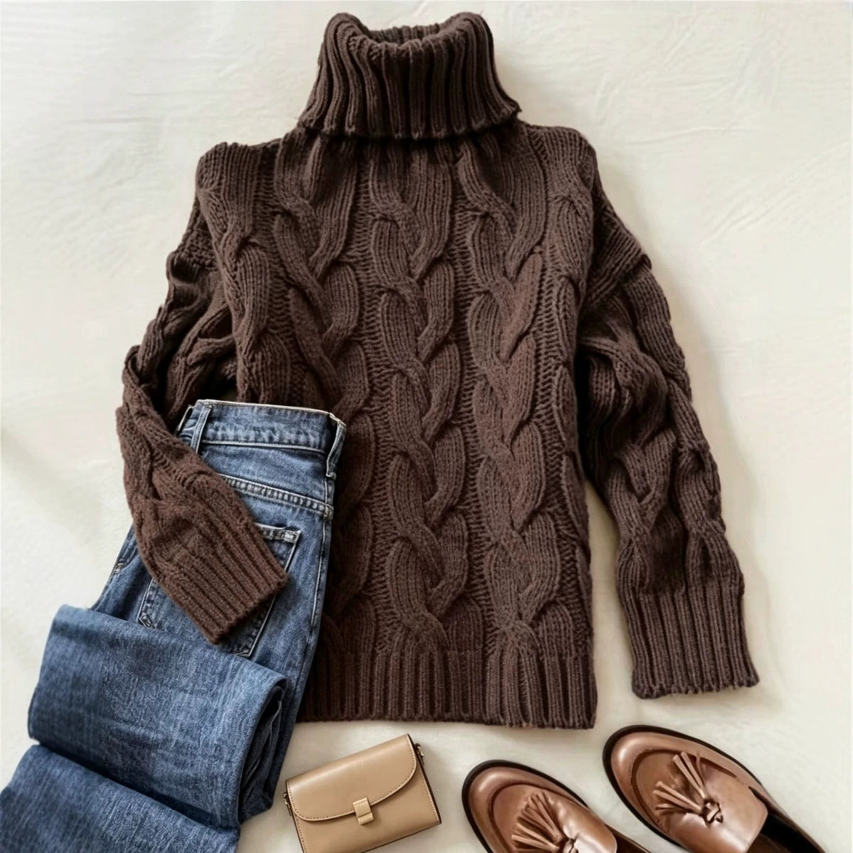 Comfortable Turtleneck Long-sleeve Sweater with a Cable-knit Pattern