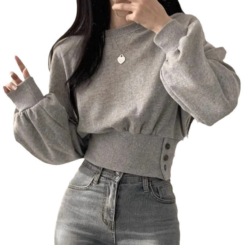 Cropped Button Long Sleeve Sweatshirt for Women