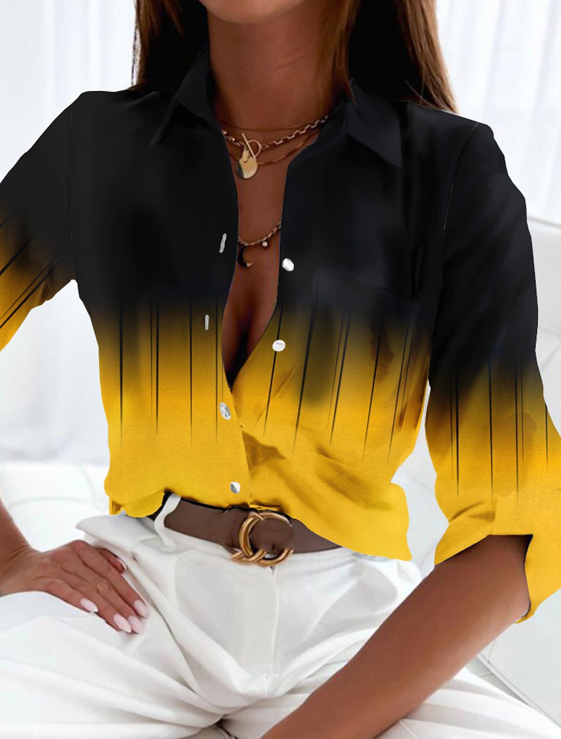 Women's Long Sleeve Casual Gradient Color Button Printed Shirt