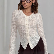 Elegant Apricot Lace-Trimmed Knit Cardigan – Loose Fit, Flared Sleeves