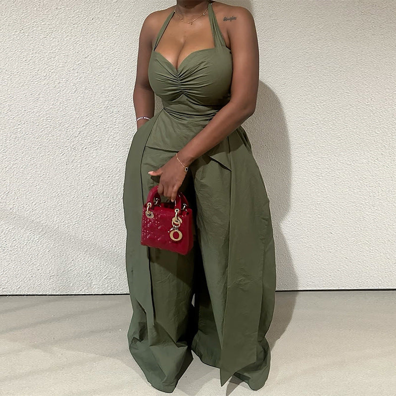 Halter V-Neck High Waist Wide Leg Jumpsuit