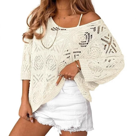 Crochet Hollowed-out Three-quarter-sleeve Pullover Sweater