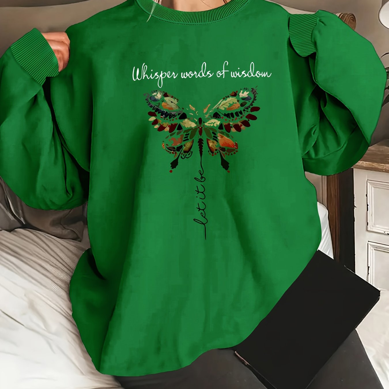 Women's Oversized Butterfly Graphic Long Sleeve Sweatshirt, Round Neck, Casual, Machine Washable