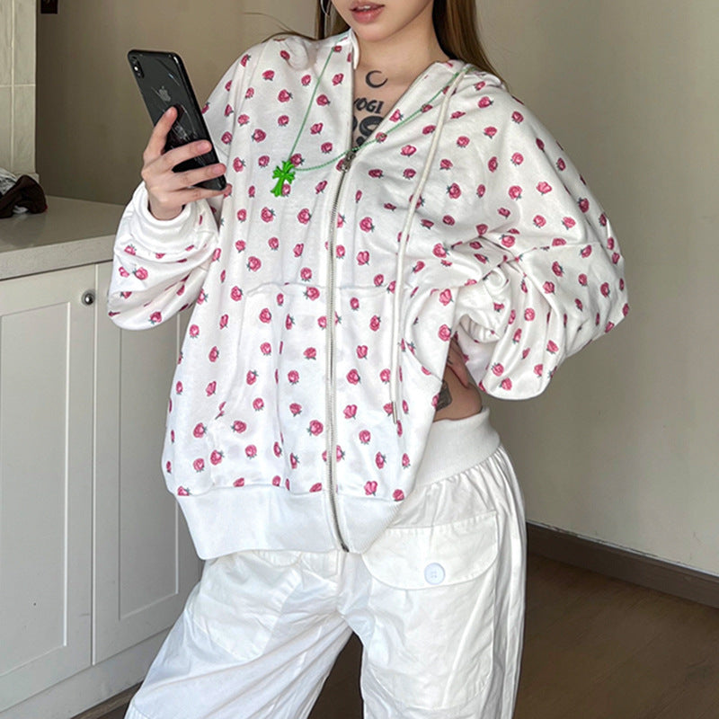 Sweet Rose Print Zip-Up Hoodie
